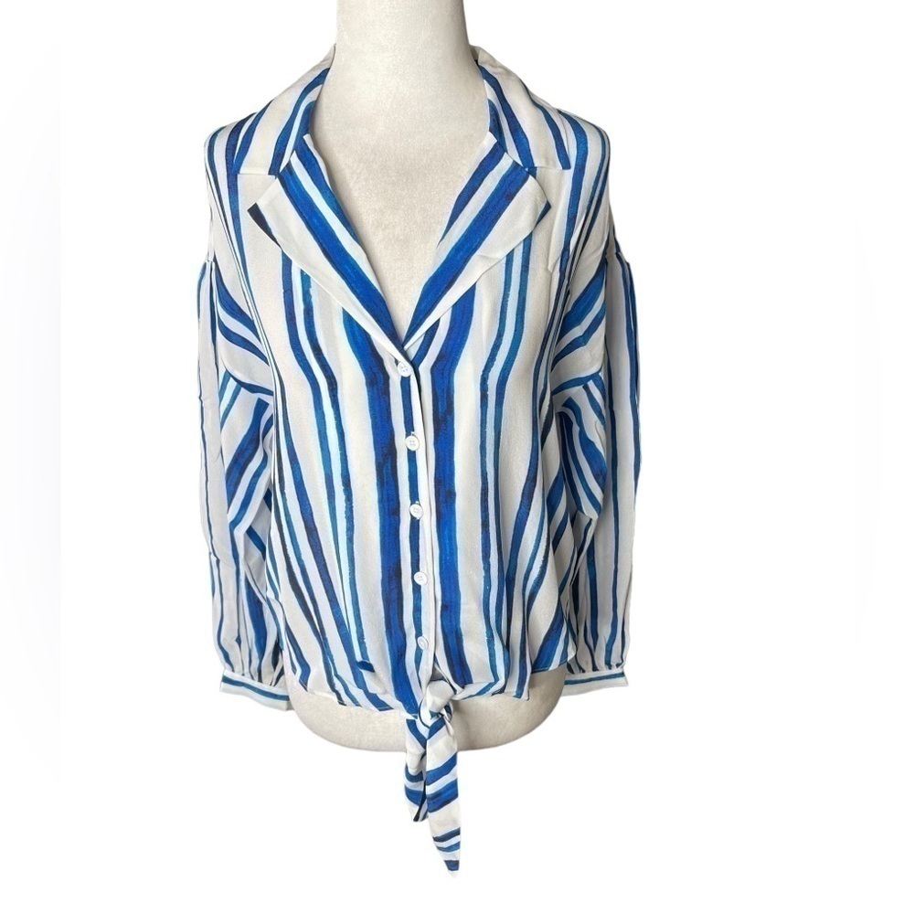 Soft Surroundings Silk  Striped Button Down Tie Front Shirt Blue & White Small